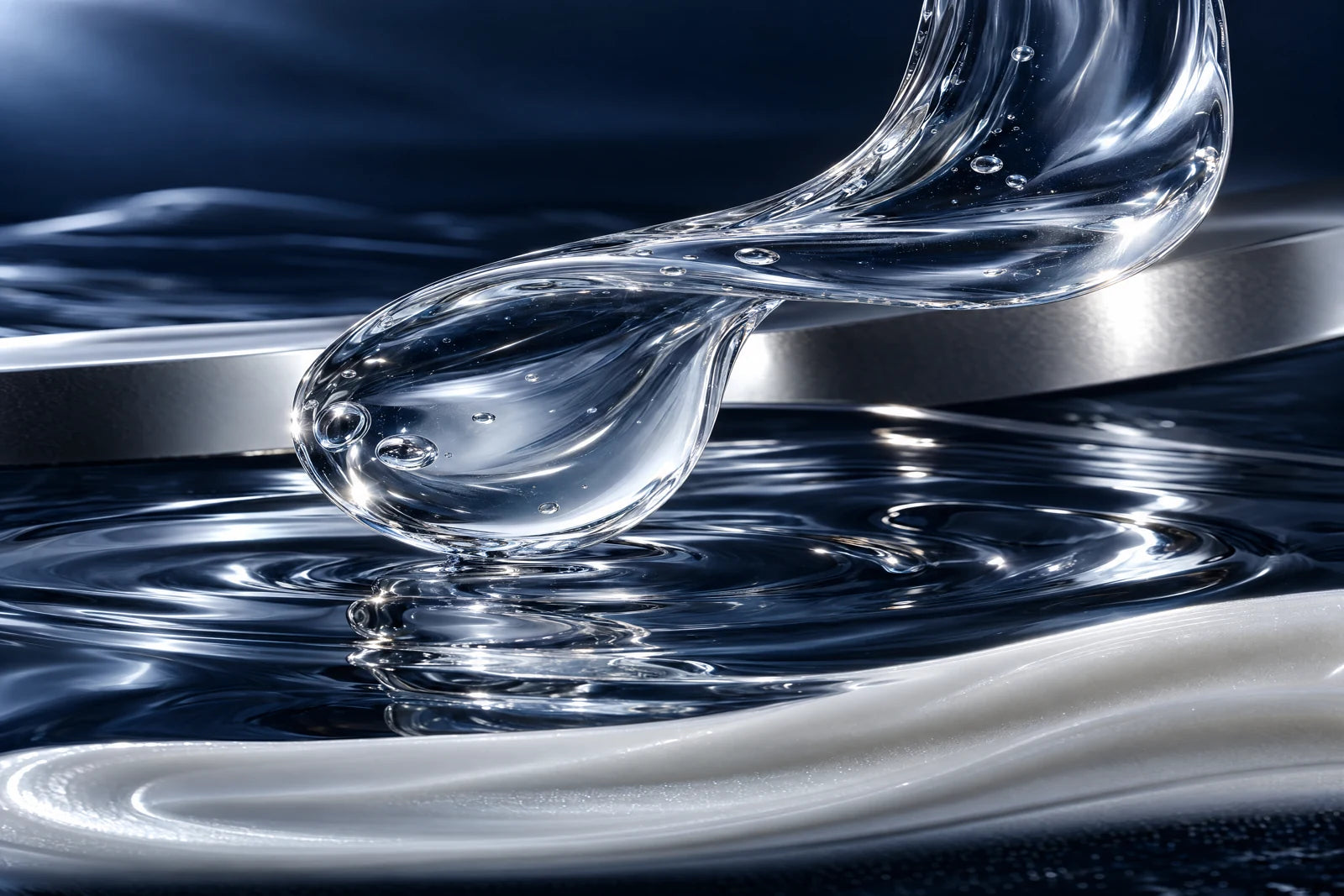 A translucent serum ribbon and soft cream texture against deep navy
